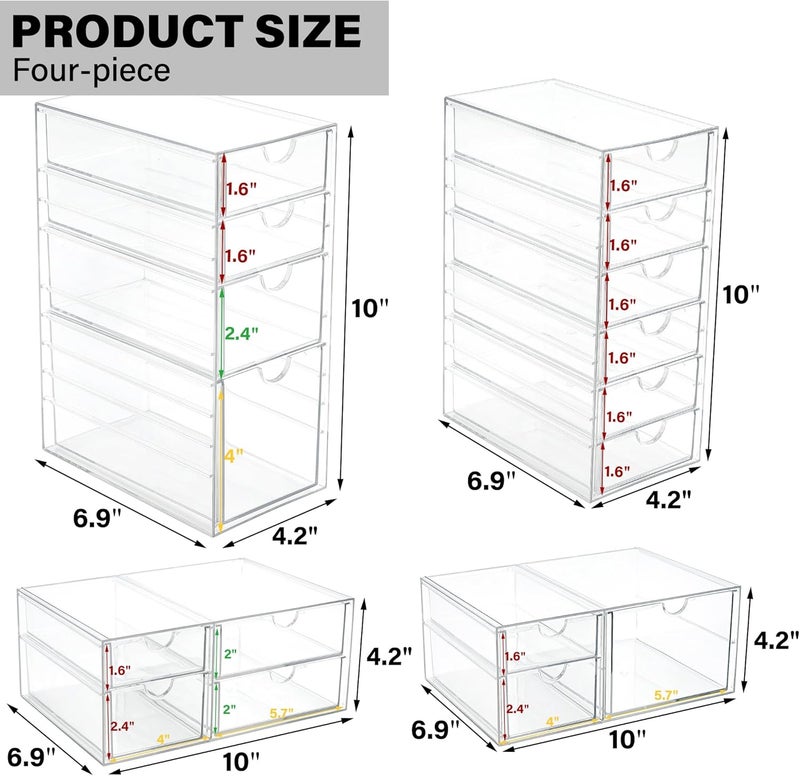 Prsildan Acrylic Drawer Organizer with 17 Drawers, Craft Office Desk Makeup Organizers Accessories, Set of 4 Clear Stackable Storage Drawers for Vanity, Countertop, Jewelry, Art Supply Organization - Image 3